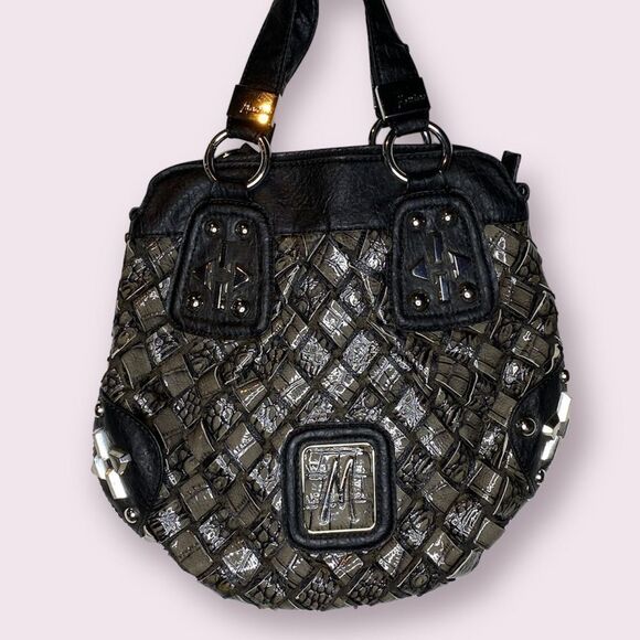 Guess Marciano patent leather woven hobo handbag gray black heavy hardware Goth - Picture 1 of 11